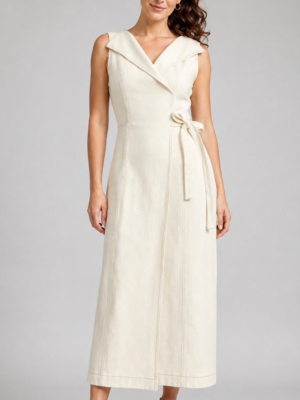 🆕🌾En Saison Ivory Cotton Twill Collared Sleeveless Tie Waist Midi Dress Size M